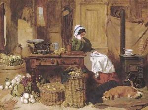 Jennie asleep at a kitchen table, surrounded by fruit and vegetables, with two dogs and a cat in front of the stove at her feet by John Frederick Herring Snr