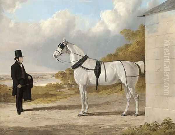 Portrait of James Hartley with a grey carriage horse, in an extensive river landscape - view 1