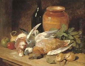 Still life of dead birds, fruit, vegetables, a bottle and a jar