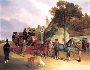 The London-to-Leeds stage coach changing horses at the Swan Inn, Bottisham, Cambridge by John Frederick Herring Snr