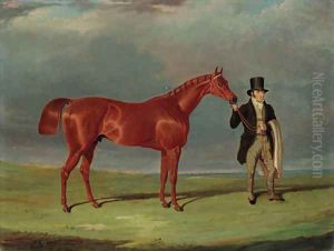 Bedlamite, a chestnut racehorse held by his trainer, in an extensive landscape