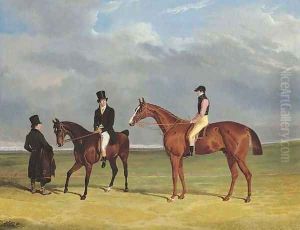The Colonel with William Scott up and John Scott on a dark bay hack, with groom, Doncaster racecourse beyond