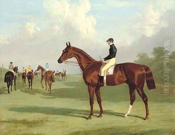 Mundig with William Scott up at the start for the 1835 Derby, jockeys and racehorses on the course beyond - view 1