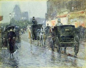 Horse Drawn Cabs at Evening, New York, c.1890 by Childe Hassam