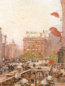 View of Broadway and Fifth Avenue 1890 by Childe Hassam