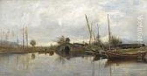 Flussuferpartie Mit Brucke Und Booten