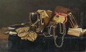 Oysters, books, money pouches, a knife hilt, a pewter mounted cup by Willem Claesz. Heda