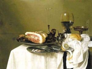 A hock of ham, a knife with slices of ham and a peeled lemon on pewter dishes by Willem Claesz. Heda