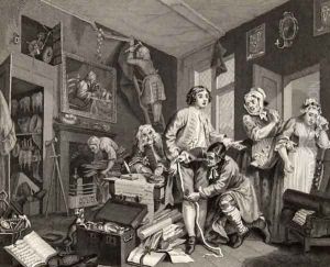 The Young Heir Takes Possession of the Misers Effects plate I from A Rakes Progress by William Hogarth