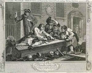 The Idle Prentice at Play in the Church Yard During Divine Service plate III of Industry and Idleness by William Hogarth