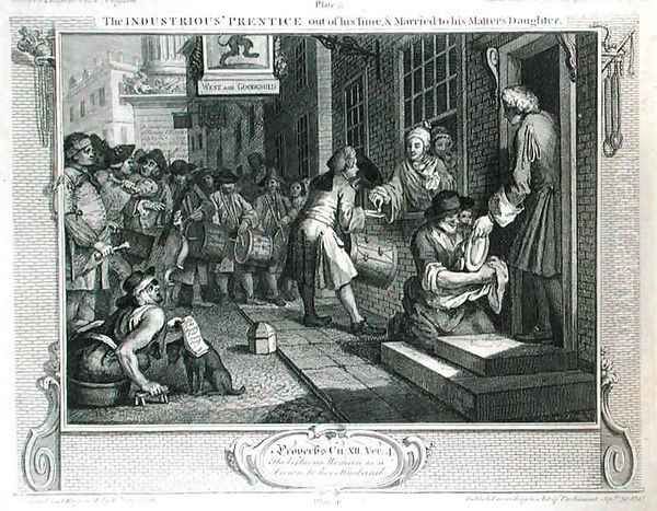 The Industrious Prentice out of his Time and Married to his Masters Daughter plate VI of Industry and Idleness - view 1