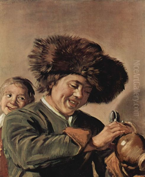 Two smiling young men, with a beer mug - view 1