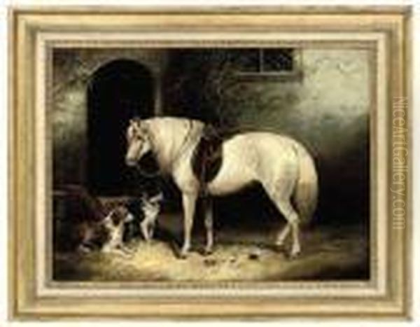 A Pony, Two Spaniels And Pigeons Outside A Stable - view 1