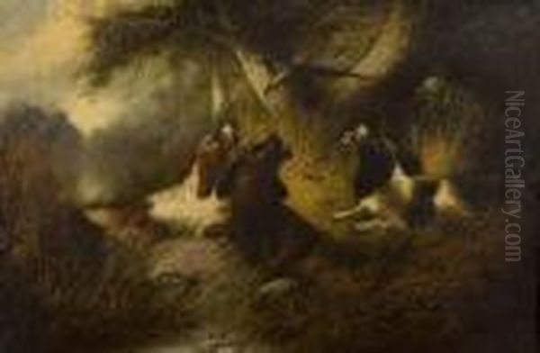 Three Spaniels Putting Up A Pheasant - view 1
