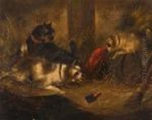 Three Terriers In A Barn by George Armfield
