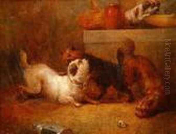 Three Dogsfighting And A Further Dog On A Marble Ledge In An Interior - view 1