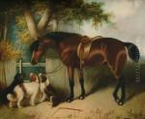 A Horse And Threedogs Beneath A Tree by George Armfield