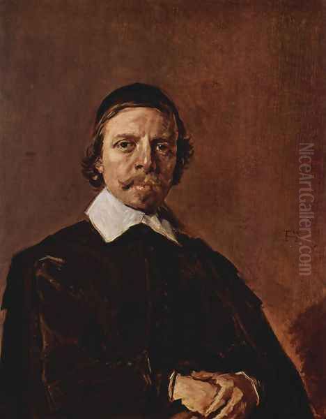 Portrait of a man with Scheitelkäppchen, pointed collar and entangled hands - view 1