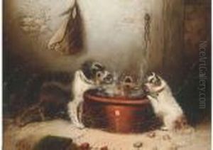 A Spaniel And Terriers At A Bowl A Spaniel And Terriers At A Bowl