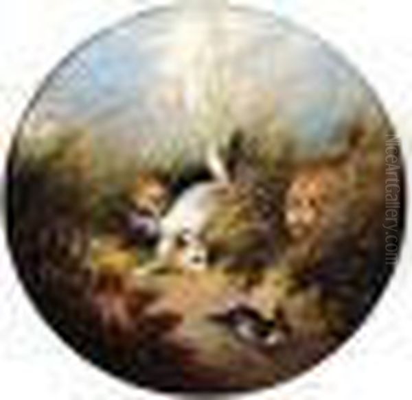Attributed To , Gun Dogs,
Falsely Signed And Dated, Oil On Canvas, Painted Oval, Diameter 28.5
Cm.; 11 1/4 In - view 1