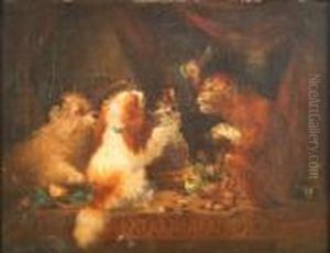 Study Of Dogs Anda Monkey On A Table Top Beside A Decanter And Fruit by George Armfield