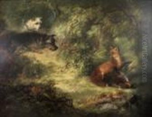 Caught Terriers Covering A Fox With Pheasant by George Armfield