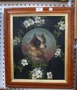 Tondo Portrait Of A Terrier Dog Within A Floral Background