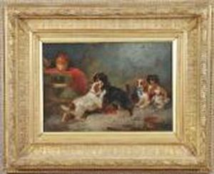 Four Dogs At Play In Cottage Interior