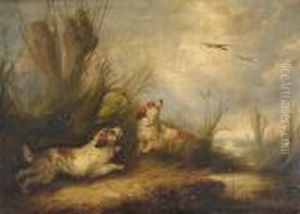 Spaniels Flushing Duck By The Water's Edge by George Armfield