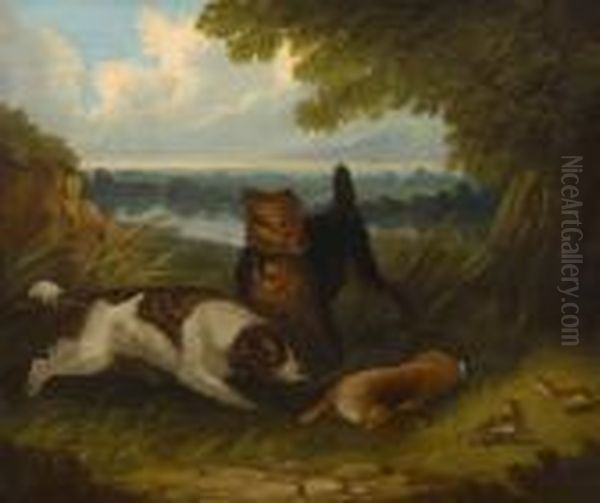 Terrier And Spaniel Seeking Out A Hare - view 1