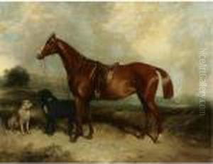 A Chestnut Horse And Two Dogs In A Landscape A Chestnut Horse And Two Dogs In A Landscape