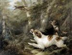 Waldinneres Mit Jagenden Spaniel Und Fasan by George Armfield