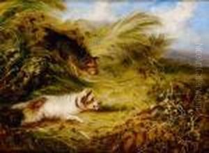 Two Terriers Chasing A Rabbit by George Armfield