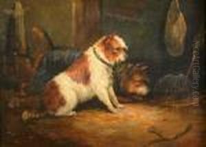 Two Terriers In Abarn Interior With A Rat Caught In A Trap