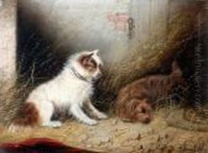 Arnfield Two 'caught At Last' Ferriers, And A Caged Rat, Signed Oil On Canvas, 31x41cm by George Armfield