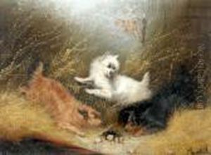 Arnfield The Mouse Hole, Three Terriers, Signed Oil On Canvas, 31x41cm by George Armfield
