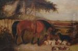 After A Days Shooting; A Chestnut Hunter And Dogs Before A Stable. After A Days Shooting; A Chestnut Hunter And Dogs Before A Stable.