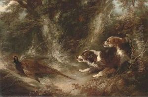 Two Spaniels With A Pheasant by George Armfield
