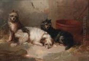 Three Terriers In An Interior by George Armfield