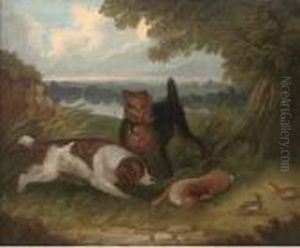 A Terrier And Spaniel With A Hare by George Armfield