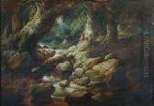 An Angler Fishing At A Rushing Brook by George Armfield