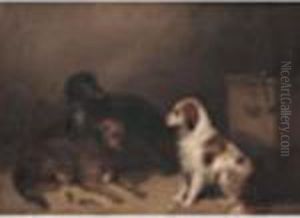 Three Spaniels In An Interior Oil On Canvas 12 X 16in by George Armfield