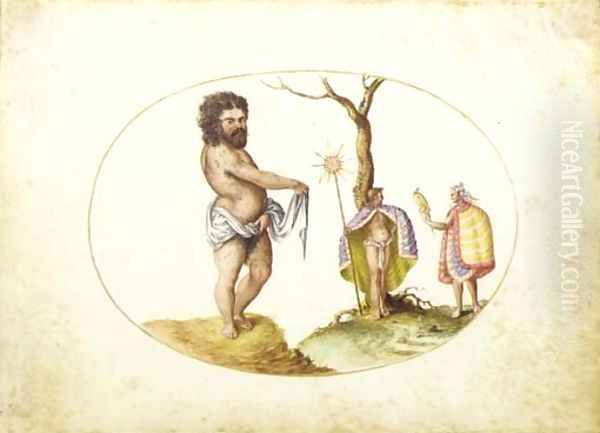 A naked savage wearing gold earrings with two figures draped in feathered capes holding a staff with feathers and a parrot Allegory of America - view 1