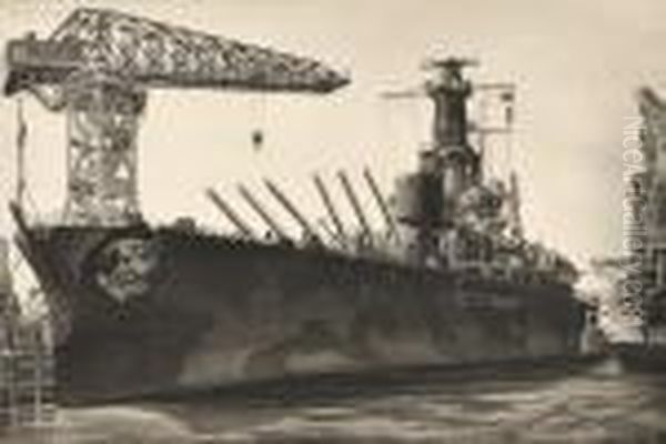 Battle Wagon - U.s.s.
Alabama Outfitting At Norfolk
Navyyard,
Crane Ship Kearsarge Alongside - view 1
