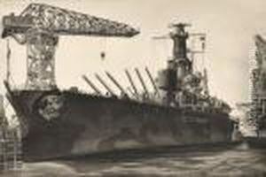 Battle Wagon - U.s.s.
Alabama Outfitting At Norfolk
Navyyard,
Crane Ship Kearsarge Alongside by John Taylor Arms