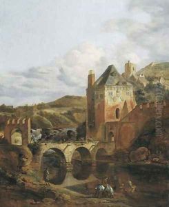 A river landscape with a fortified castle and a bridge by Jan Van Der Heyden