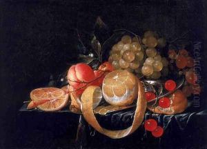 A Still Life with a lemon grapes cherries and apricots on a pewter plate