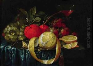A peeled lemon, oranges, grapes on a pewter plate, and a Facon-de-Venice wineglass on a draped table