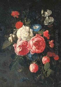 A swag of roses, peonies, morning glories and other flowers
