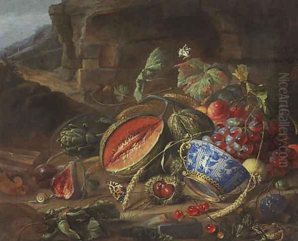 Melons, peaches, grapes, cherries and other fruits, with a wan-li porcelain bowl with gilt mount, insects and butterflies, in a landscape - view 1